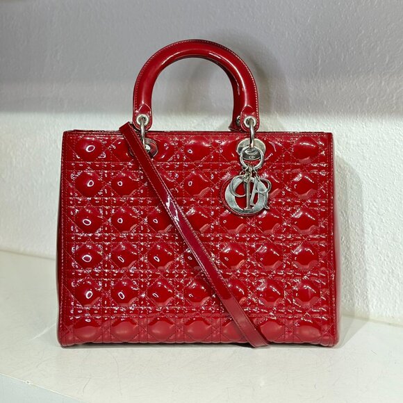 Dior Red Patent Large Patent Leather Lady Dior Shoulder Bag - Picture 1 of 10